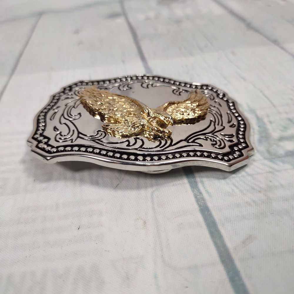 Men's Western Eagle Belt Buckle Metal Silver/Gold Color Rectangular Fits 1.5" - Picture 3 of 5